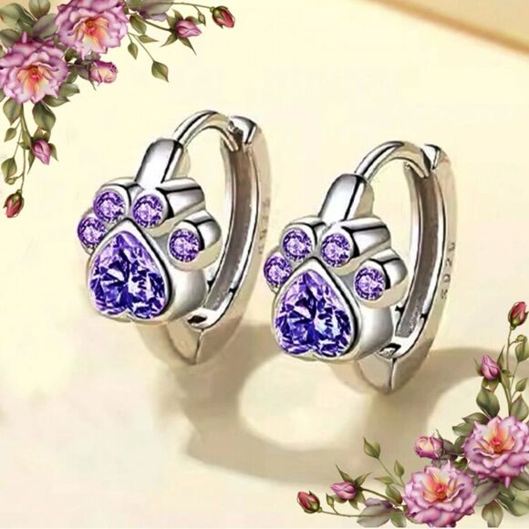 Cute Pet Paw Print Design Silver and Purple Tone & Zirconia Ear Stud Earrings - Picture 1 of 9